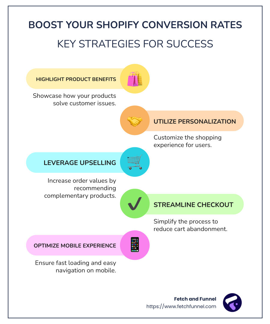 Infographic showing key components to improve Shopify conversion rates, including product benefits, personalization, upselling, checkout process simplification, and mobile optimization. - conversion optimization shopify infographic infographic-line-5-steps-colors Infographic showing key components to improve Shopify conversion rates, including product benefits, personalization, upselling, checkout process simplification, and mobile optimization. - conversion optimization shopify infographic infographic-line-5-steps-colors