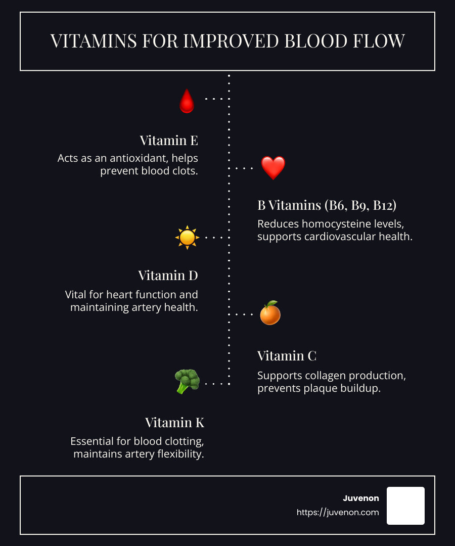 Infographic on vitamins for blood flow including Vitamin E, B Vitamins, Vitamin D, Vitamin C, Vitamin K, with benefits and food sources - what vitamins are good for blood flow infographic infographic-line-5-steps-dark