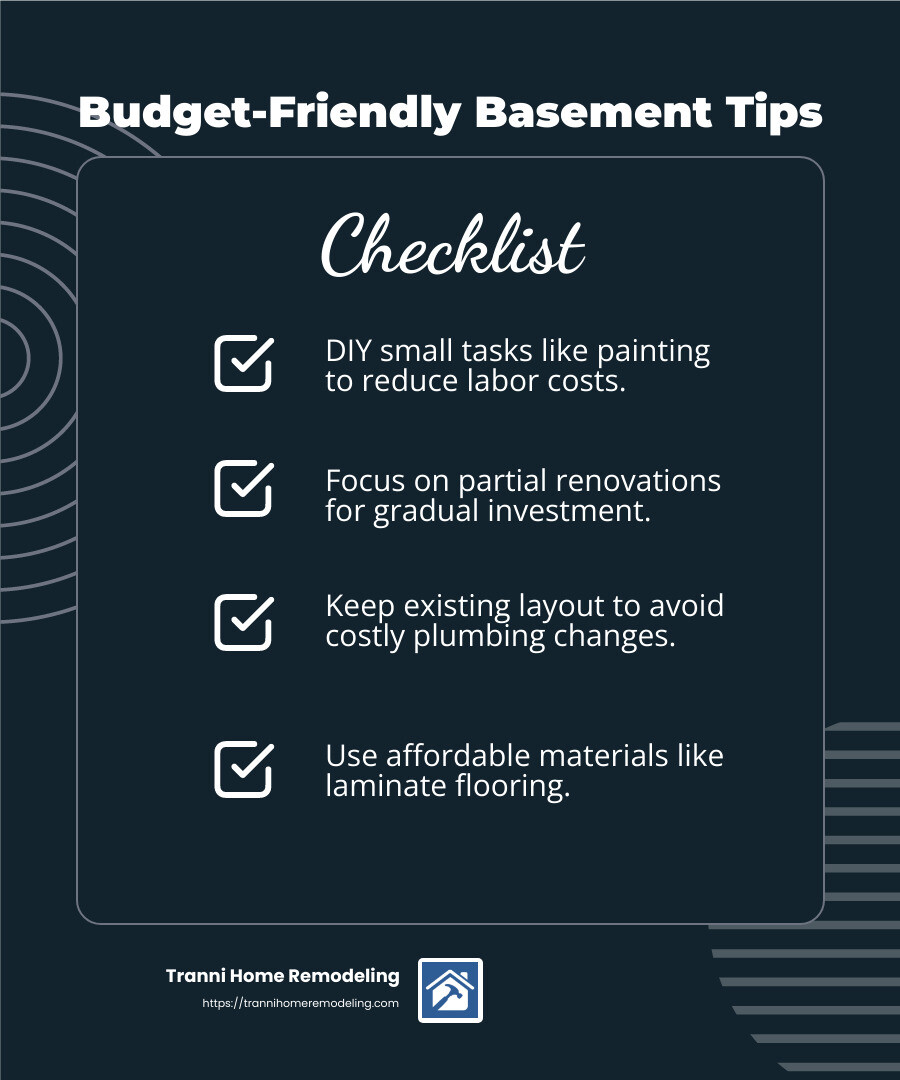 The Ultimate Guide to Hiring Contractors to Finish a Basement 3 Budget-Friendly Basement Renovation Tips - contractors to finish a basement infographic checklist-dark-blue