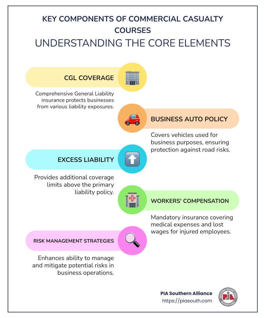 5234b64bf3f36c93b7bec3ad26665bacfb9d378c The Ultimate Guide to Commercial Casualty Courses Discover top commercial casualty courses, boost your career with key skills, and explore FAQs. Learn about liability, coverage, and more! Infographic: Overview of Commercial Casualty Courses Key Components - commercial casualty courses infographic infographic-line-5-steps-colors