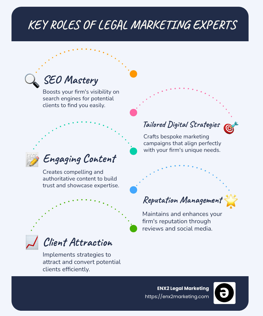 Legal marketing experts success chart illustrating SEO improvement and client engagement metrics over time - Legal marketing experts infographic infographic-line-5-steps-blues-accent_colors