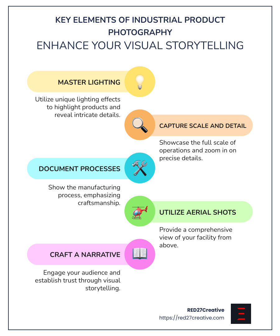 Focus on Excellence: Mastering Industrial Product Photography • Industrial product photography • RED27Creative Infographic detailing key elements of industrial product photography such as lighting, scale, detail, and process visualization - Industrial product photography infographic infographic-line-5-steps-colors