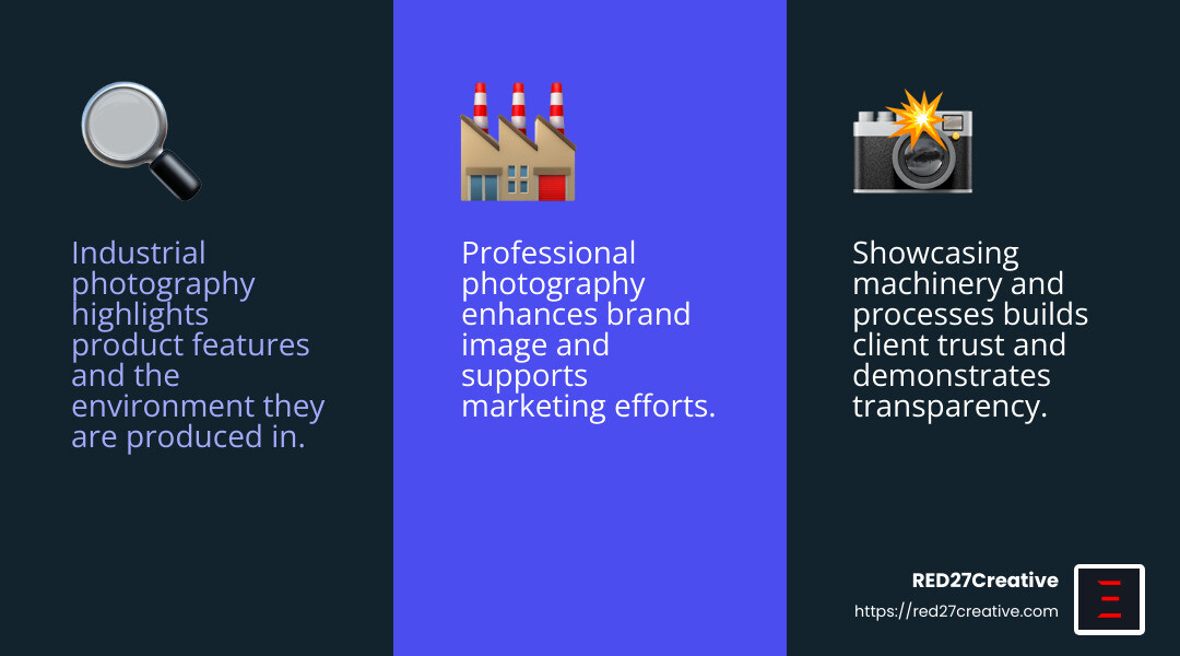 Focus on Excellence: Mastering Industrial Product Photography • Industrial product photography • RED27Creative Industrial photography impact - Industrial product photography infographic 3_facts_emoji_blue