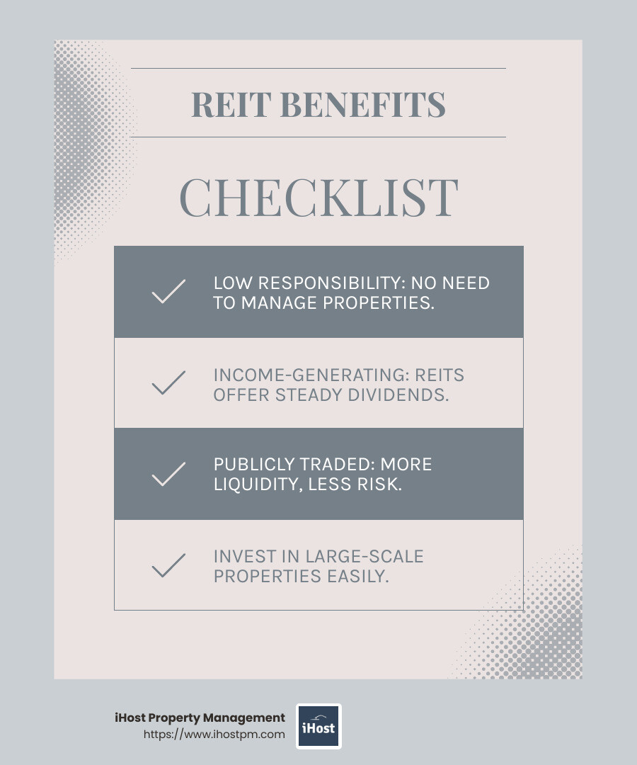 REITs offer a simple way to start investing in real estate without the hassle of property management. - investing in real estate for beginners infographic checklist-light-blue-grey