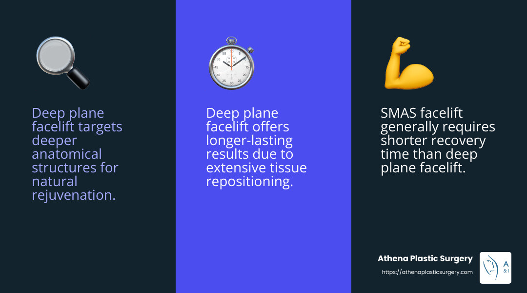 Deep Plane vs. Regular Facelift: The Ultimate Showdown 4 Deep vs SMAS Facelift Infographic - deep plane facelift vs facelift infographic 3_facts_emoji_blue