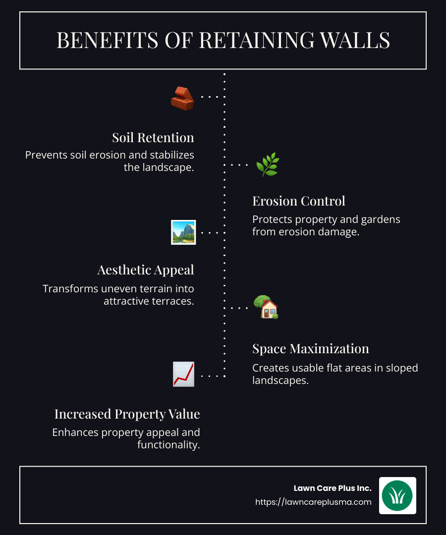Infographic of retaining wall benefits and purposes, highlighting soil retention, erosion control, and landscape improvement features - retaining wall infographic infographic-line-5-steps-dark