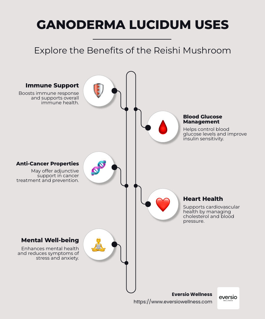 Infographic showing ganoderma lucidum uses: immune support, glucose management, anti-cancer properties, heart health benefits, and mental wellness improvement - ganoderma lucidum uses infographic infographic-line-5-steps-neat_beige
