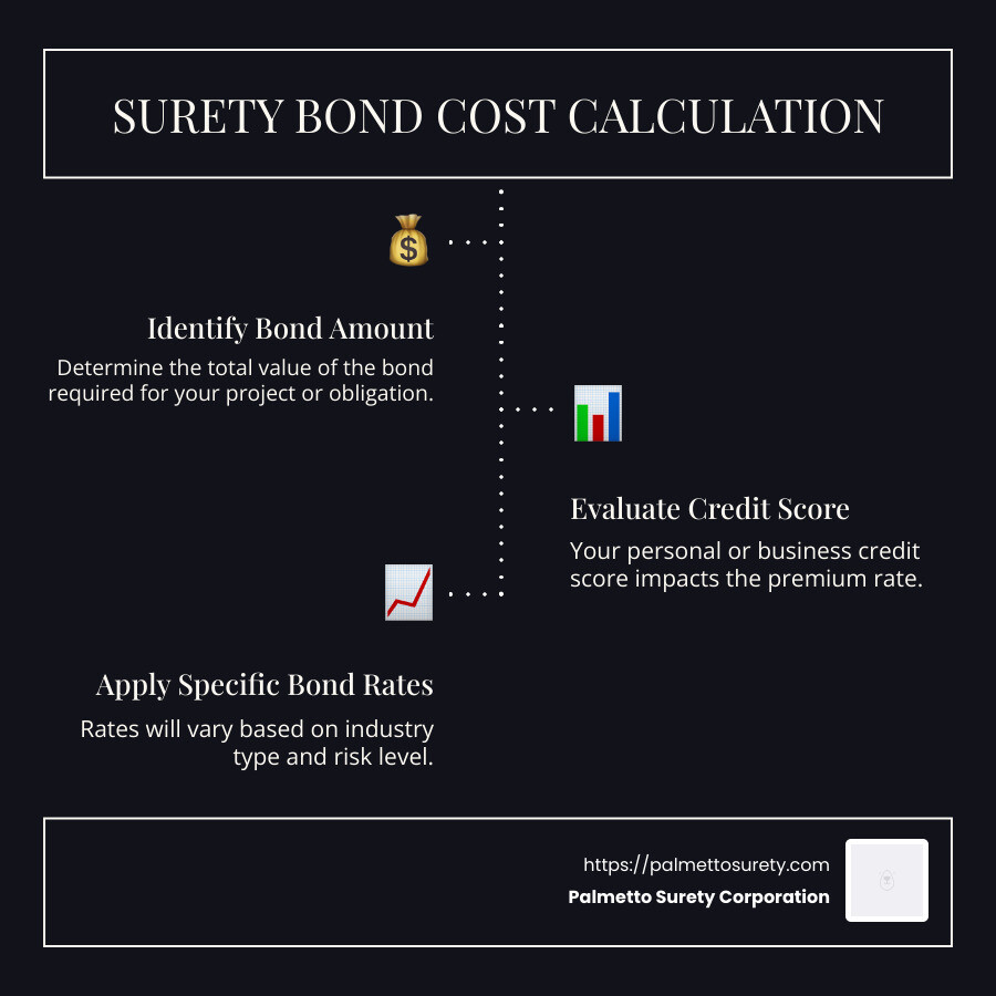 A detailed infographic explaining how the surety bond cost is calculated based on bond amount, credit score, and bond rates, including a step-by-step guide - surety bond cost calculator infographic infographic-line-3-steps-dark A detailed infographic explaining how the surety bond cost is calculated based on bond amount, credit score, and bond rates, including a step-by-step guide - surety bond cost calculator infographic infographic-line-3-steps-dark