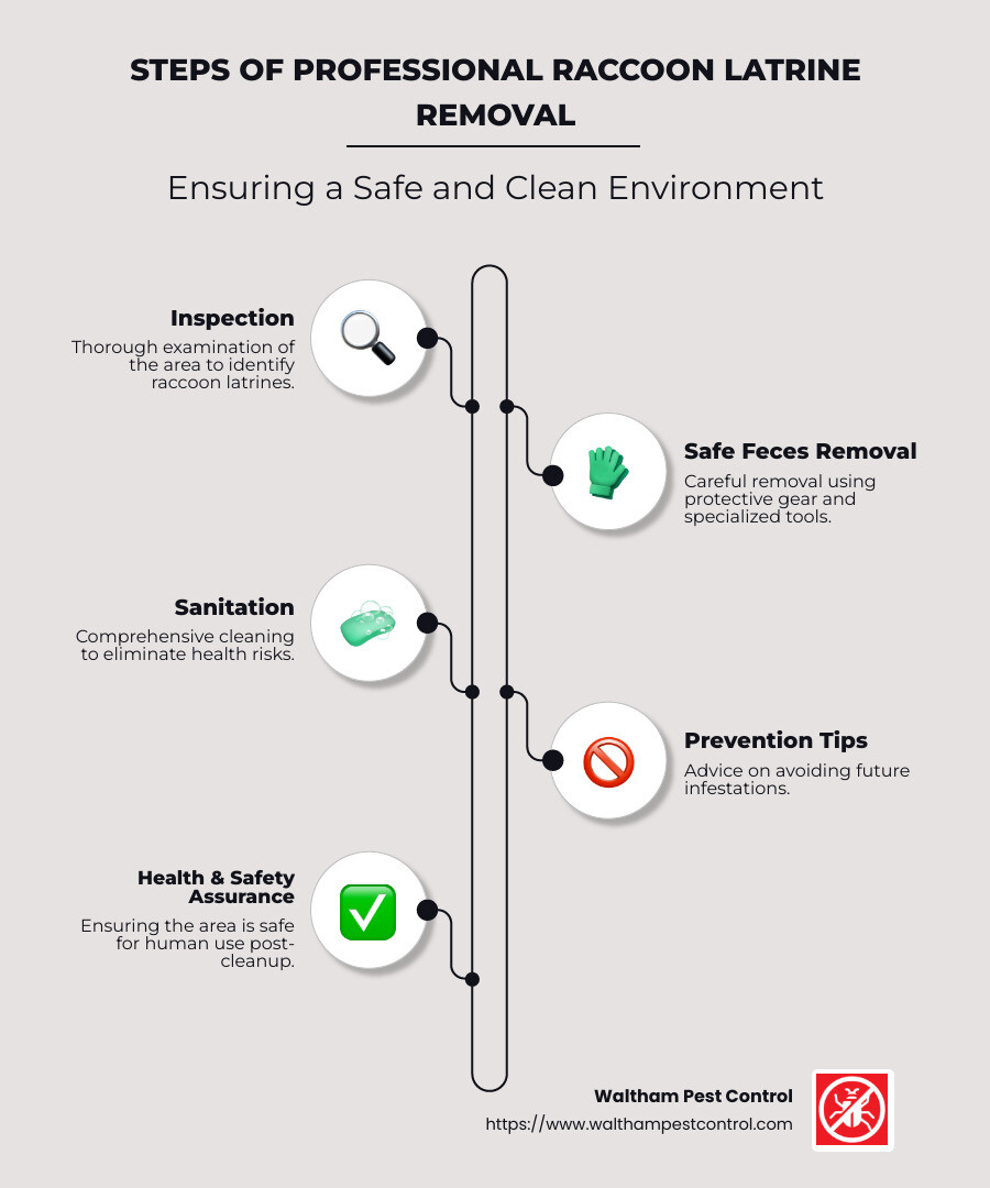 Infographic showing steps of professional raccoon latrine removal: 1. Inspection, 2. Safe removal of feces, 3. Sanitation, 4. Prevention tips - professional raccoon latrine removal infographic infographic-line-5-steps-neat_beige