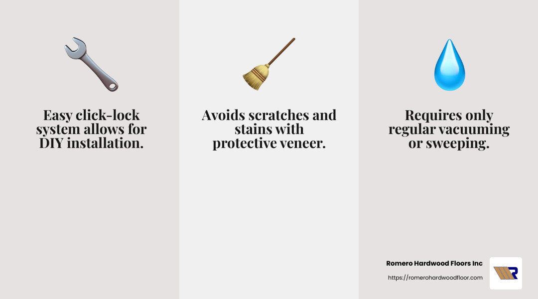 Engineered hardwood requires minimal upkeep, making it a convenient choice for busy homeowners. - Engineered hardwood benefits infographic 3_facts_emoji_grey