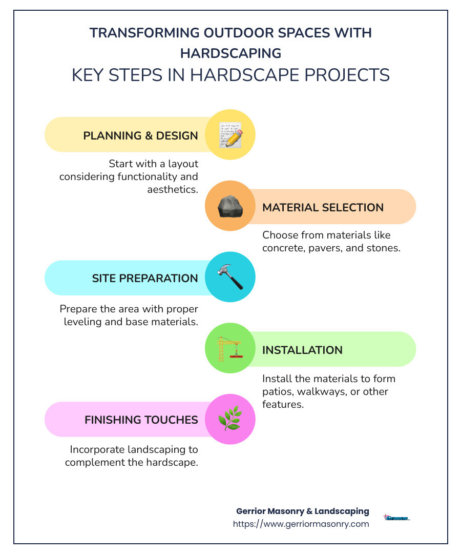 Infographic showcasing hardscape services and benefits, including types of materials, service examples like patios and walkways, and benefits such as durability and aesthetic improvement. - hardscape companies infographic infographic-line-5-steps-colors