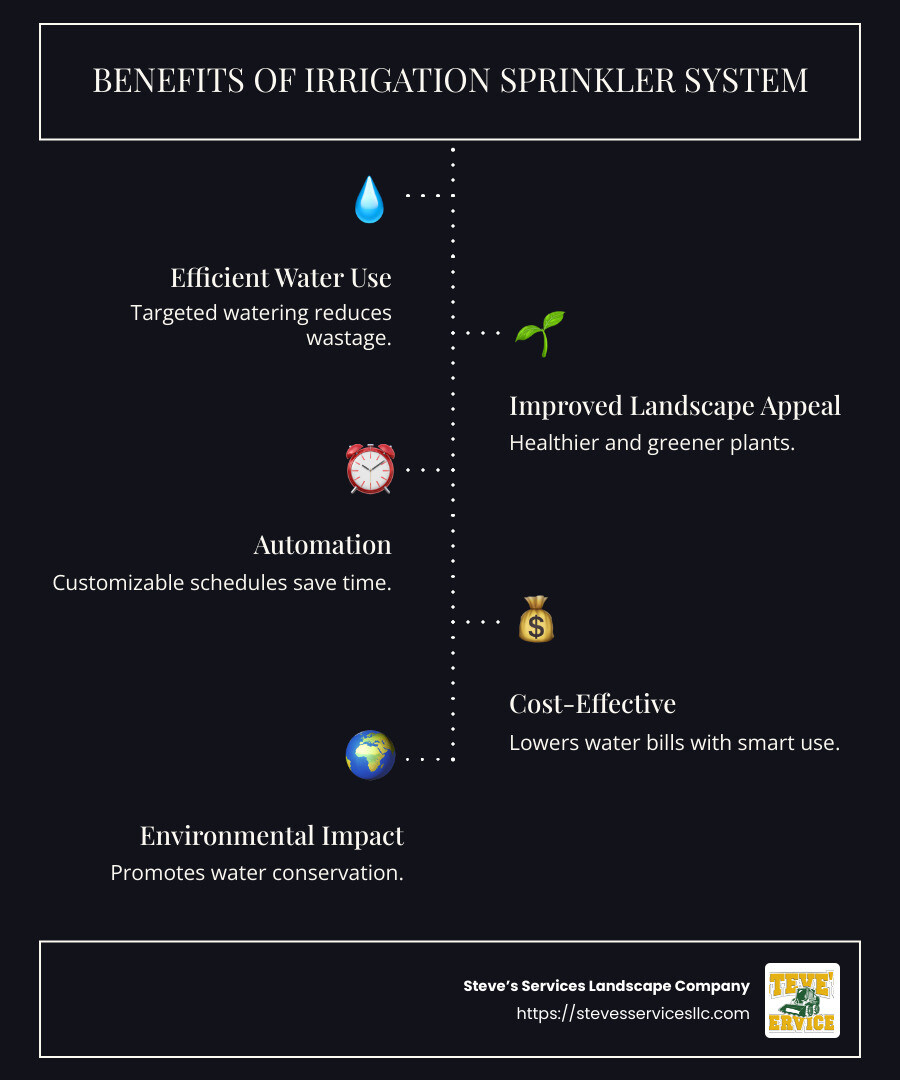 Infographic explaining the process and benefits of irrigation sprinkler system installation, including water efficiency, landscape improvement, and automated control - irrigation sprinkler system installation infographic infographic-line-5-steps-dark