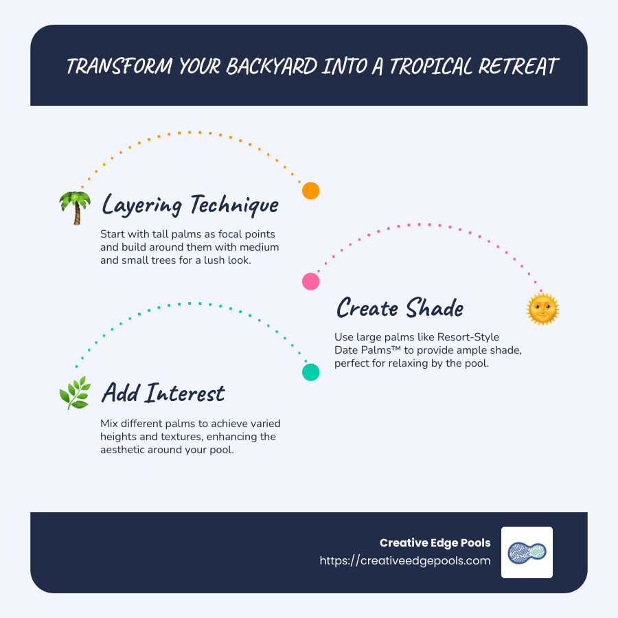 Infographic detailing layering technique for palm trees and pool landscapes - pool landscaping ideas with palm trees infographic infographic-line-3-steps-blues-accent_colors