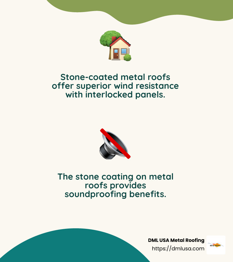 Stone-coated metal roofs provide energy efficiency and soundproofing benefits. - best metal roofing infographic 2_facts_emoji_nature