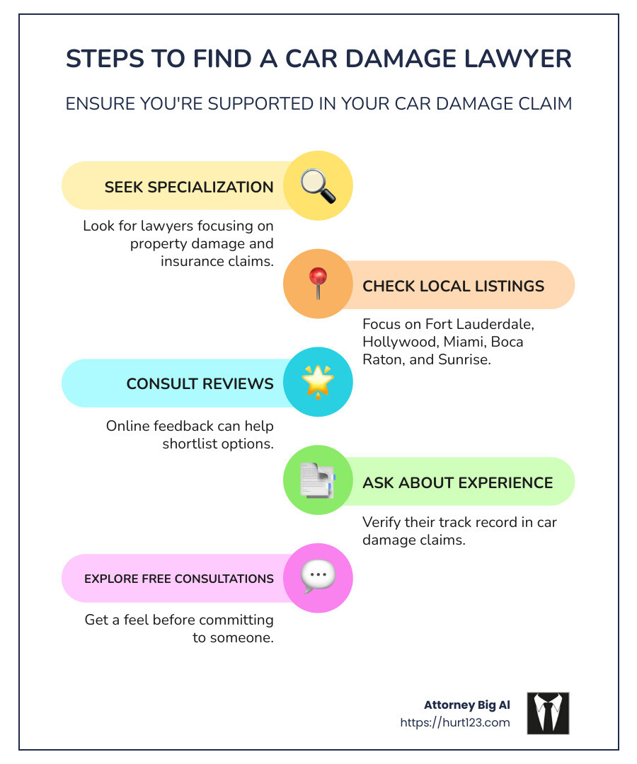 Steps to Find a Car Damage Lawyer - car damage lawyer infographic infographic-line-5-steps-colors
