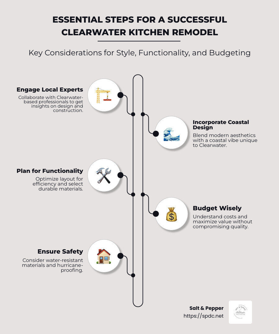 Infographic depicting essential points for a successful kitchen remodel in Clearwater, including local expertise, modern design, layout efficiency, and budgeting tips. - kitchen remodel clearwater infographic infographic-line-5-steps-neat_beige