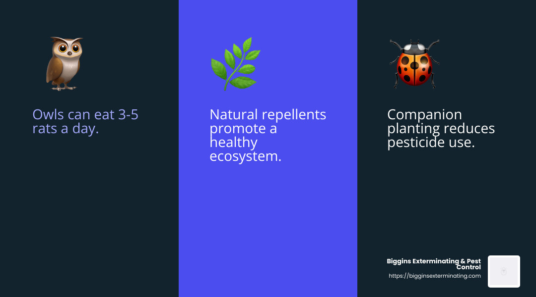 Owls are natural pest controllers, eating 3-5 rats a day - green pest control infographic 3_facts_emoji_blue
