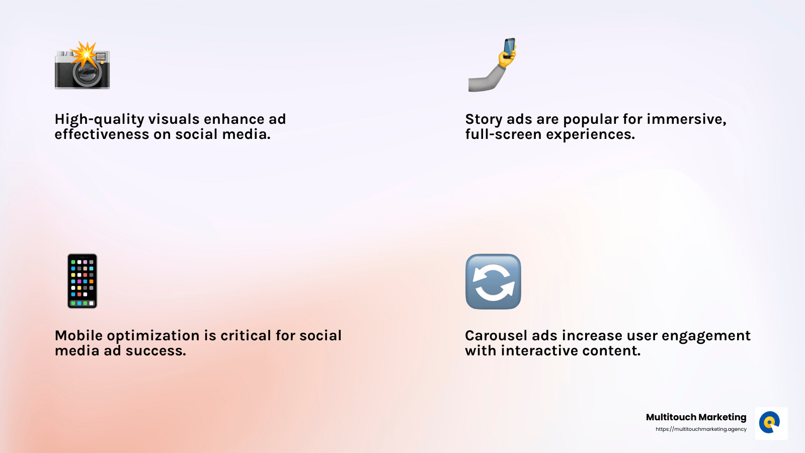 High-quality visuals and engagement are key to successful social media ads. - Social media ad formats infographic 4_facts_emoji_light-gradient