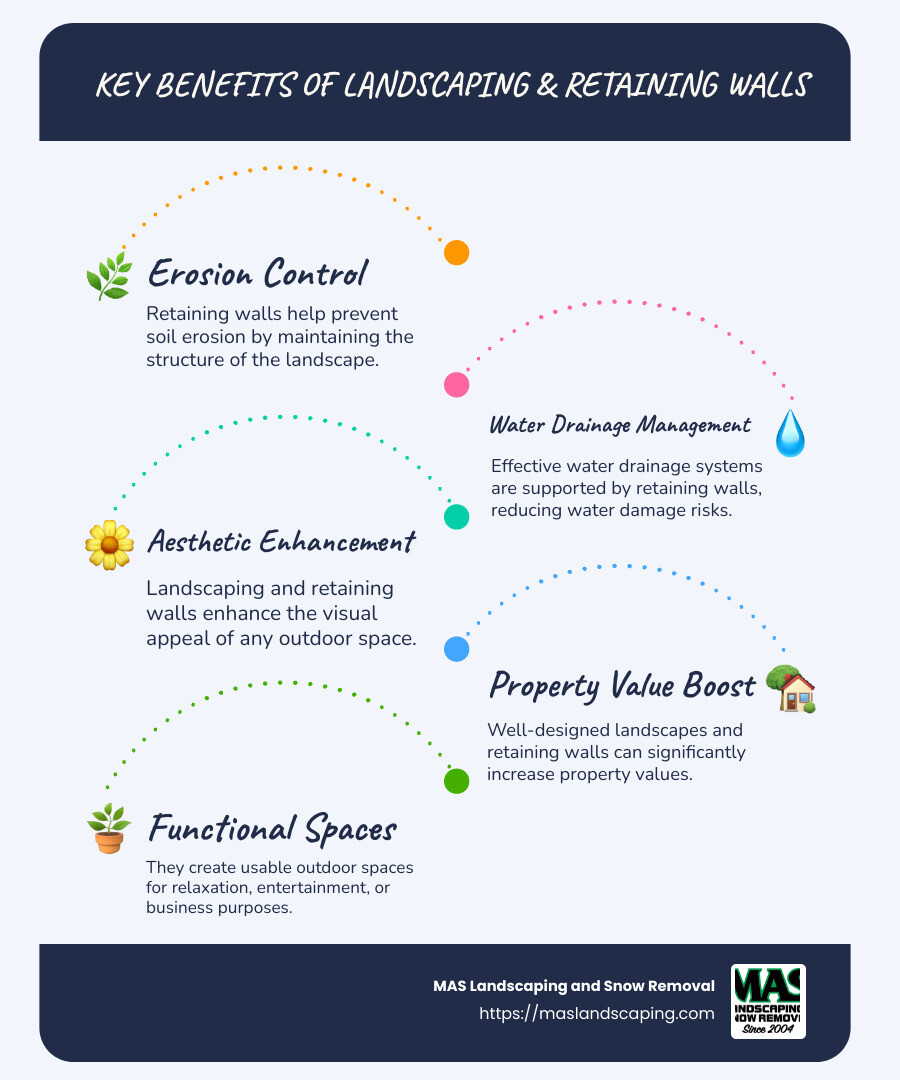 Infographic showing key features of landscaping and retaining walls, including erosion control, water drainage management, aesthetic improvement, and property value boost - landscaping and retaining walls near me infographic infographic-line-5-steps-blues-accent_colors
