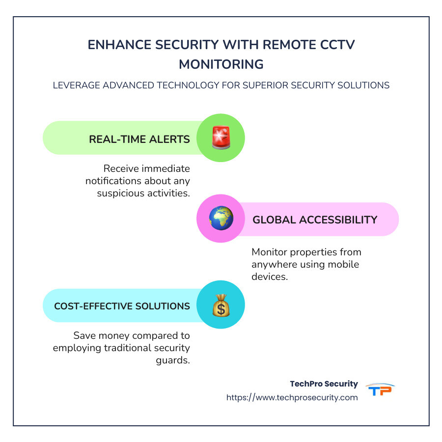 Infographic detailing how remote CCTV monitoring can improve security through real-time alerts, cost savings over security guards, comprehensive coverage, and easy mobile access, while highlighting its effectiveness as a proactive security solution. - remote cctv monitoring infographic infographic-line-3-steps-colors