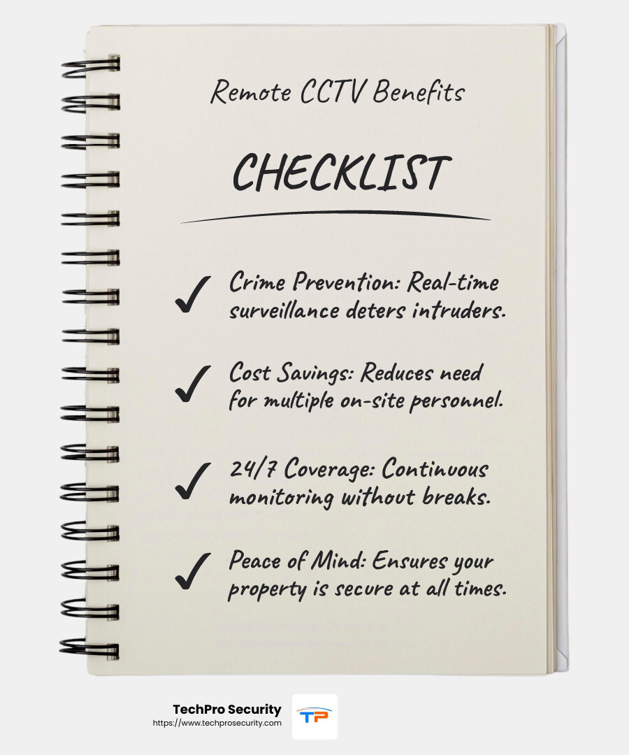 Remote CCTV monitoring offers 24/7 coverage, enhancing security and peace of mind for your business. - remote cctv monitoring infographic checklist-notebook