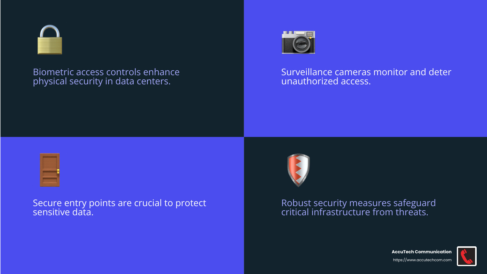Security measures in data centers include biometric access controls and surveillance cameras. - data center infrastructure design infographic 4_facts_emoji_blue