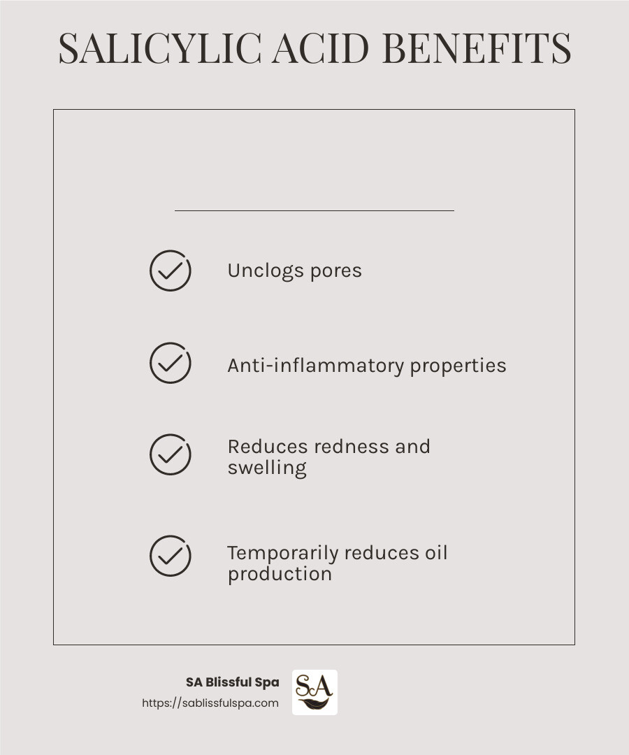 Salicylic acid exfoliates and reduces oil, helping with active acne - can a chemical peel help acne infographic checklist-light-beige