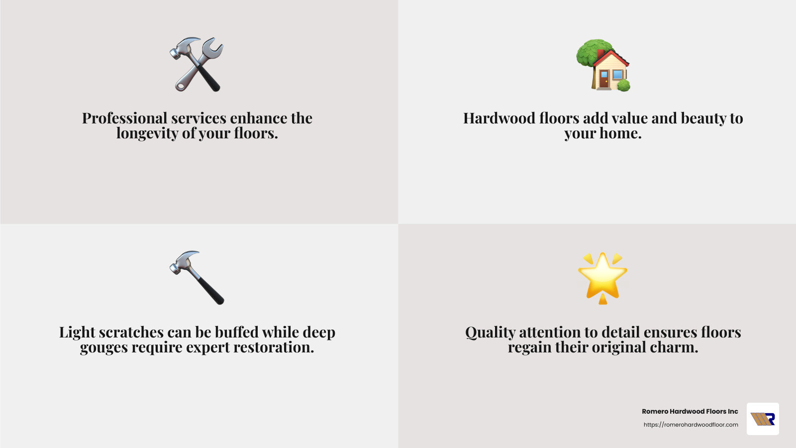 Romero Hardwood Floors Inc provides expert solutions for floor repair - Repair hardwood floor scratches infographic 4_facts_emoji_grey