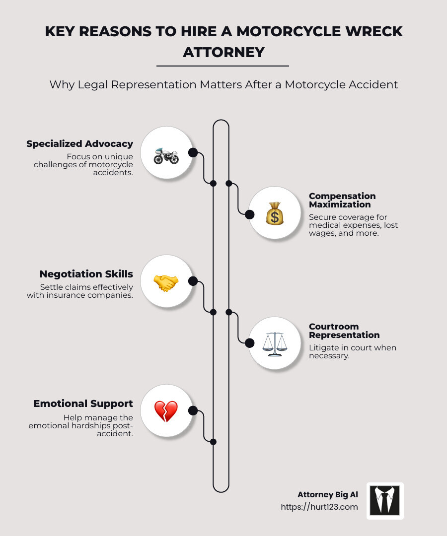 Infographic outlining key reasons for hiring a motorcycle wreck attorney, detailing advocacy, compensation, and litigation benefits - motorcycle wreck attorneys infographic infographic-line-5-steps-neat_beige