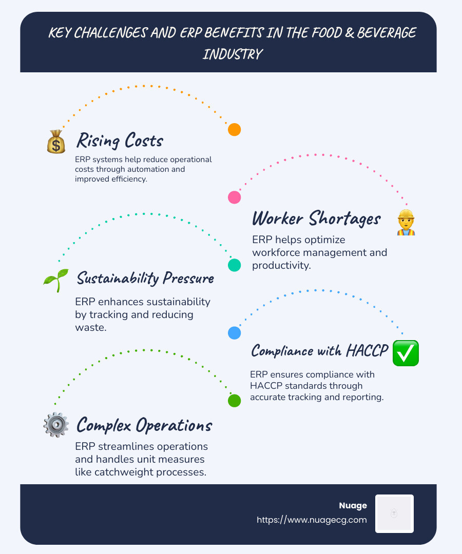 Infographic detailing key challenges and ERP benefits for food and beverage industry - erp for food and beverage industry infographic infographic-line-5-steps-blues-accent_colors