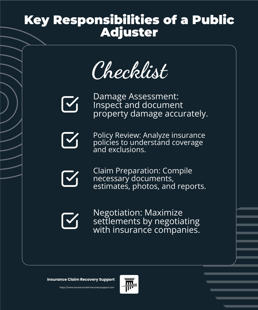 Public adjusters play a vital role in ensuring fair settlements for policyholders. - how to become a licensed public adjuster infographic checklist-dark-blue