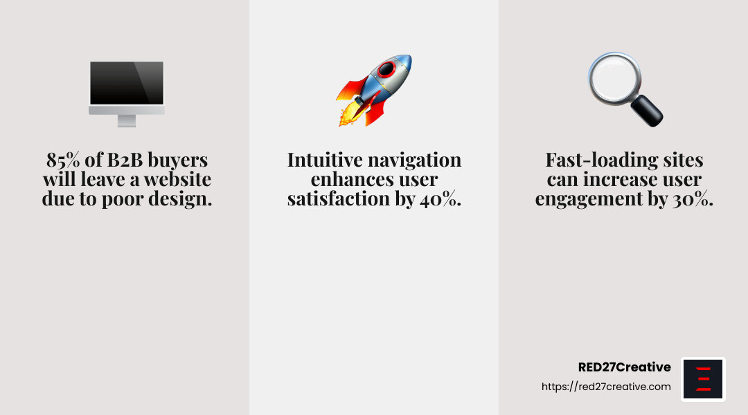 Designing Success: Top Web Design Tips for Manufacturers • Web design for manufacturing companies • RED27Creative User-friendly design infographic - Web design for manufacturing companies infographic 3_facts_emoji_grey
