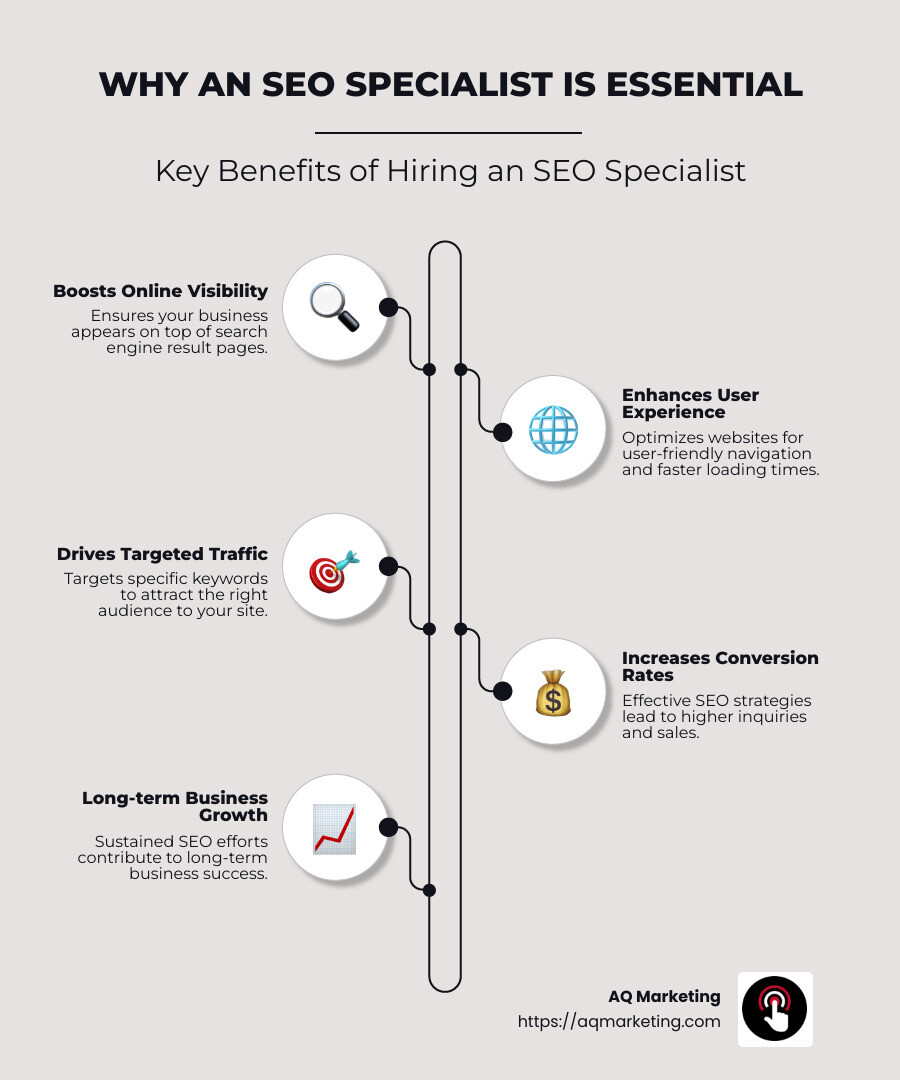 SEO Specialist Role and Benefits - seo specialist infographic infographic-line-5-steps-neat_beige