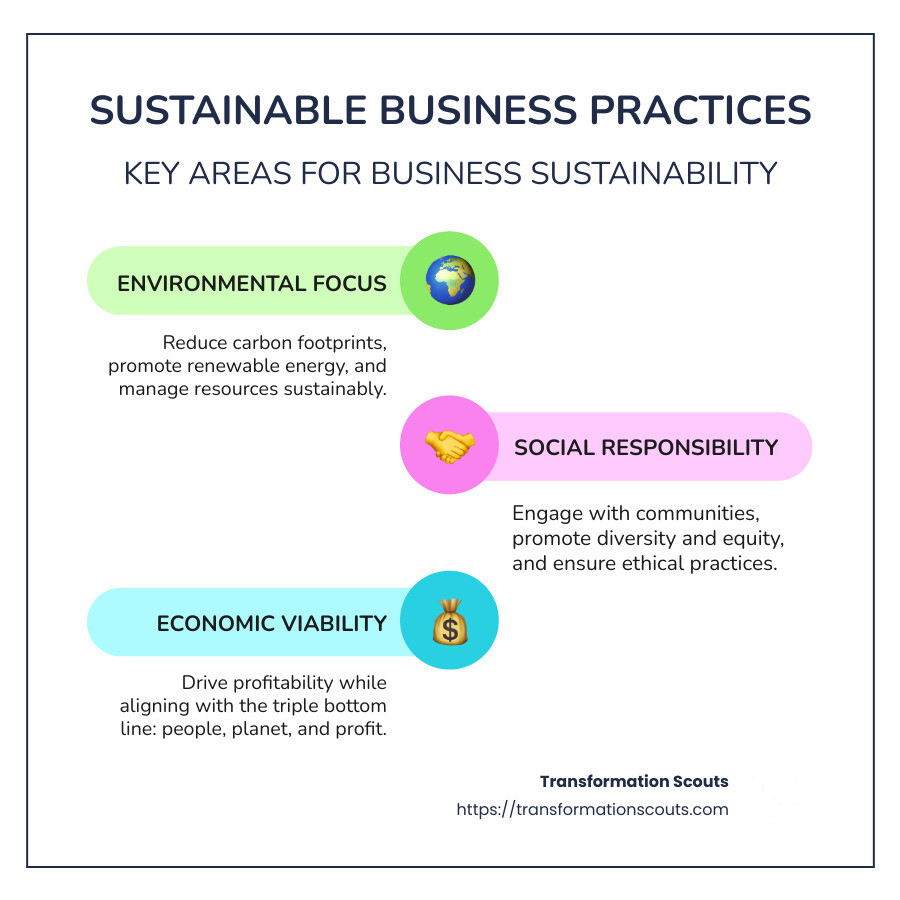 Infographic detailing sustainable business practices benefits and strategies, including environmental focus, social responsibility, and economic viability with visual representations of the triple bottom line and competitive advantage - sustainable business practices infographic infographic-line-3-steps-colors