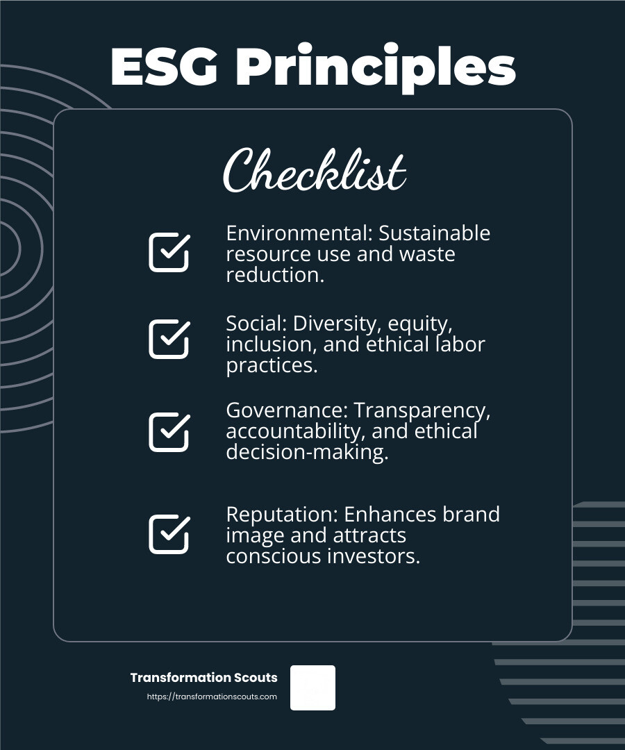 ESG Principles and Impact - sustainable business practices infographic checklist-dark-blue