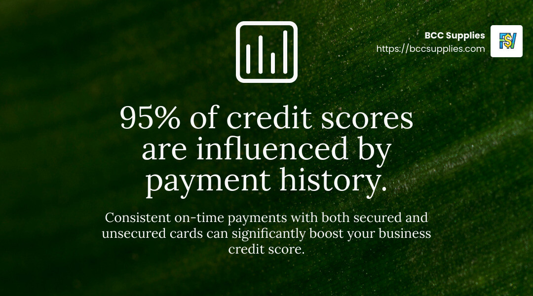 Consistent on-time payments can significantly improve your credit score. - Secure And Unsecure Business Credit Cards infographic simple-stat-landscape-green