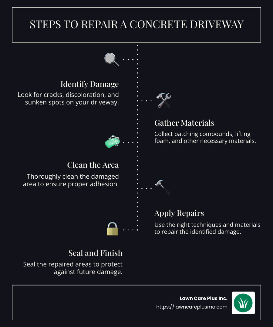 Infographic describing steps to repair concrete driveway: identify damage, clean the area, apply right materials, follow repair process. - repair concrete driveway infographic infographic-line-5-steps-dark