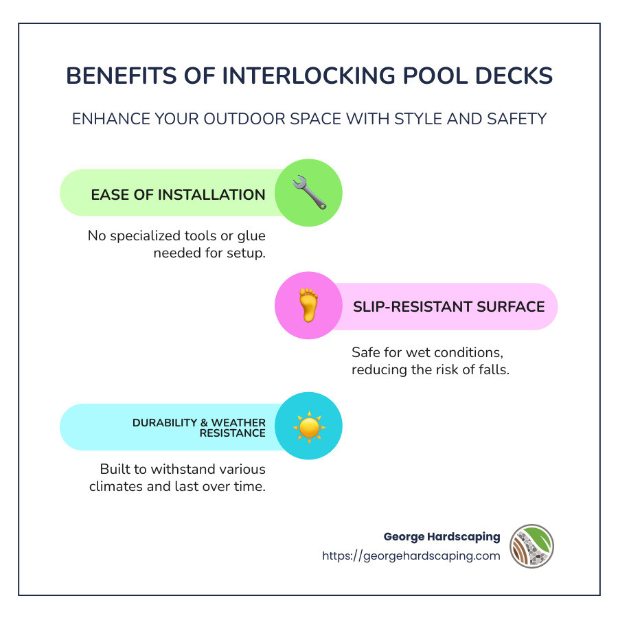 Infographic highlighting interlocking pool deck benefits - interlocking pool deck infographic infographic-line-3-steps-colors