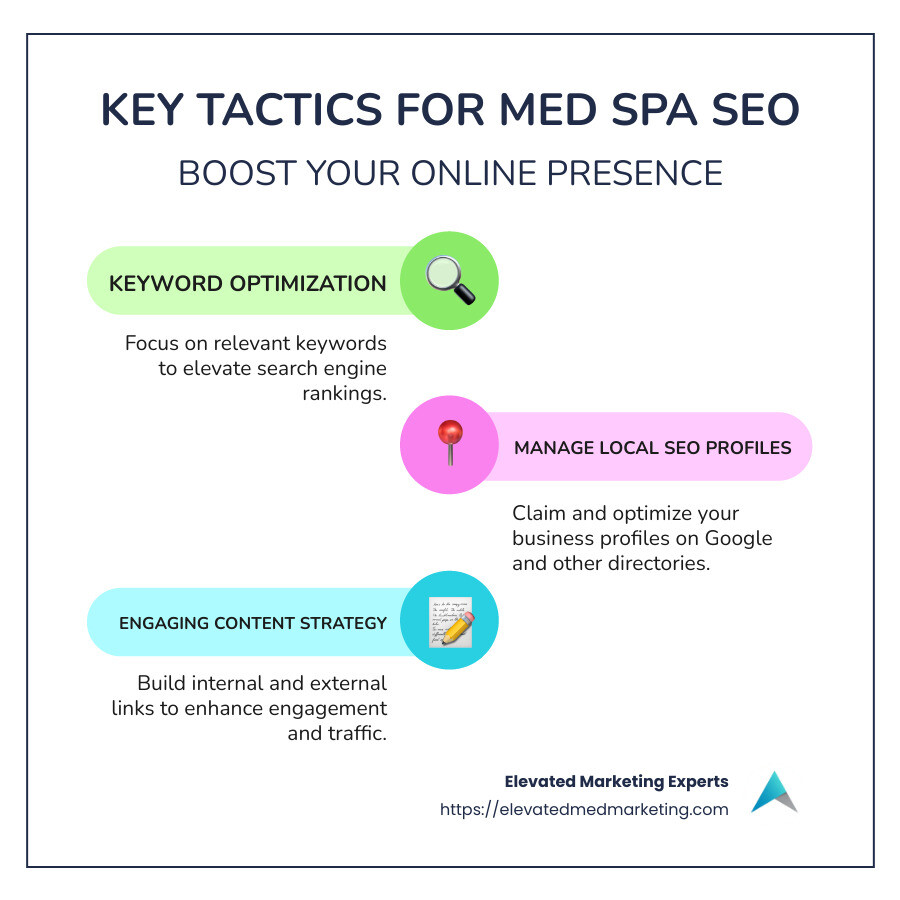Infographic highlighting key tactics for med spa SEO solutions: 1) Keyword optimization for search engines, 2) Local SEO profiles management, 3) Engaging content strategy, and 4) Internal and external link-building with illustrative icons - Med spa SEO solutions infographic infographic-line-3-steps-colors