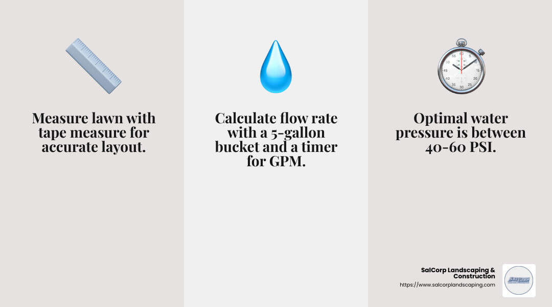 Water pressure gauge and flow rate calculation - designing underground sprinkler system infographic 3_facts_emoji_grey