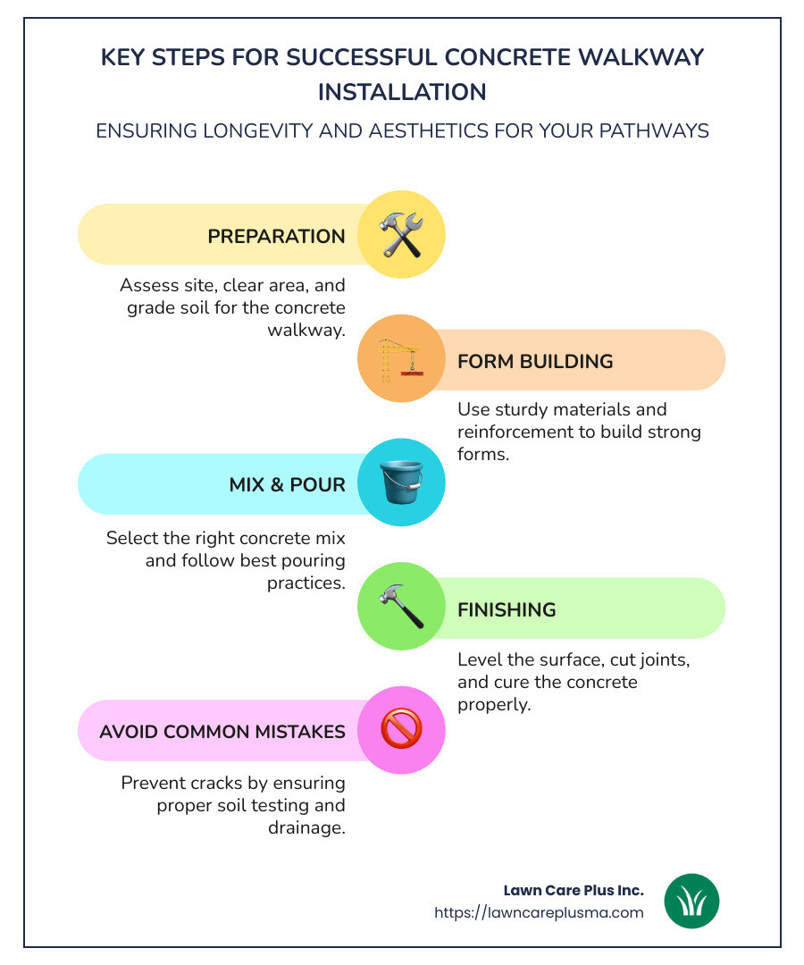 Steps for Concrete Walkway Installation: assess site, clear area, grade soil, build forms, choose right concrete mix, level, joint, cure properly, and avoid common mistakes like poor soil testing and incorrect concrete mix - concrete walkway installation infographic infographic-line-5-steps-colors