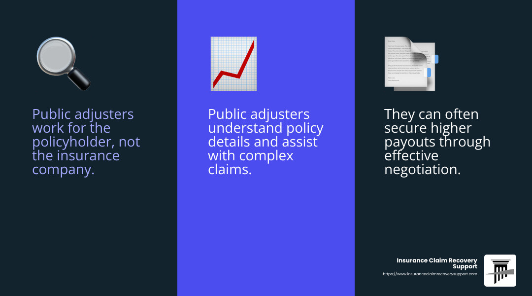 Public adjusters can help policyholders achieve higher settlements by navigating complex claims processes. - assistance with insurance claims infographic 3_facts_emoji_blue