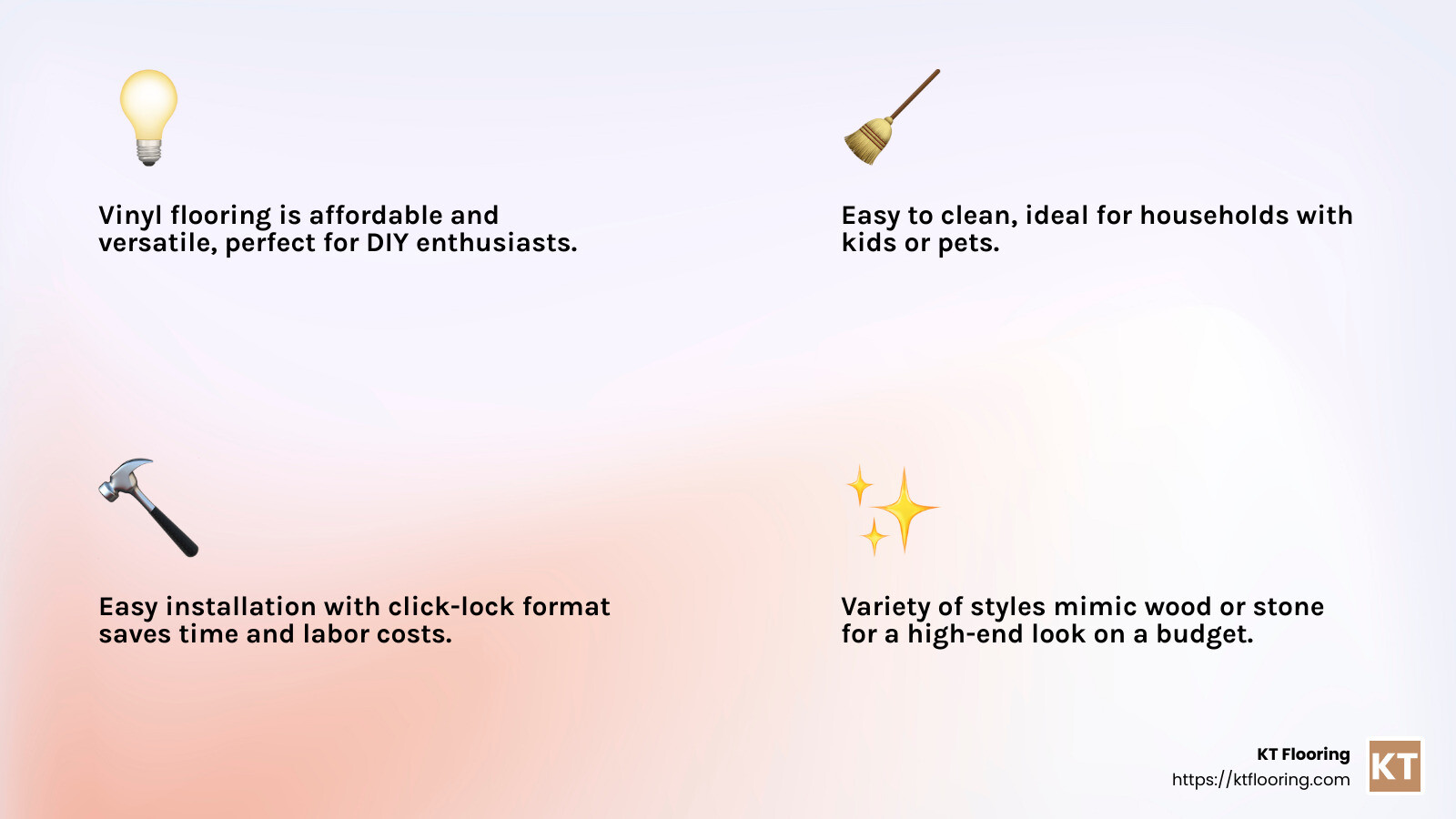 Vinyl flooring offers a variety of styles and easy maintenance - best durable inexpensive flooring for a kitchen infographic 4_facts_emoji_light-gradient