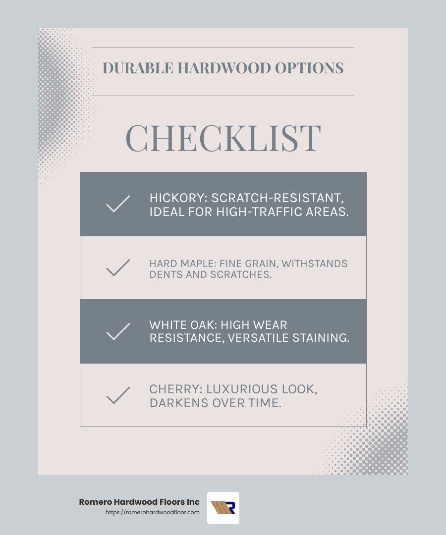 Hickory, Hard Maple, White Oak, Pine, Cherry - Durability and Appeal - Best Hardwood Floors infographic checklist-light-blue-grey