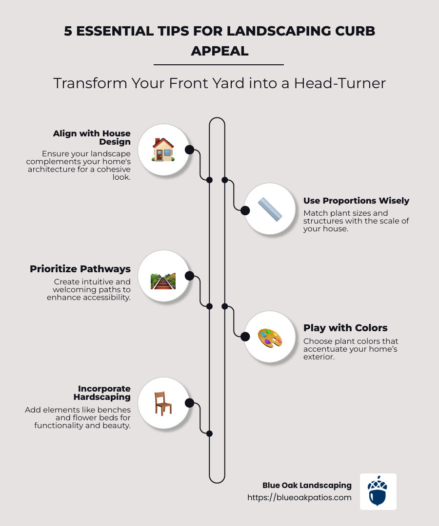 Detailed infographic outlining steps to landscape for curb appeal with graphics for house design, plant proportions, pathways, color options, and hardscaping techniques - How to landscape for curb appeal infographic infographic-line-5-steps-neat_beige