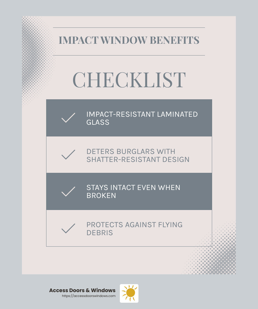 Impact windows provide robust security against break-ins and severe weather. - Impact windows in Boca Raton infographic checklist-light-blue-grey