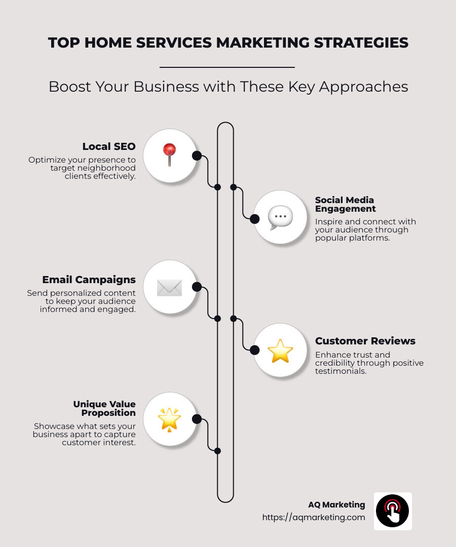 An infographic illustrating top home services marketing strategies mentioned in the introduction: local SEO, social media marketing, email campaigns, and customer reviews - Home services marketing strategies infographic infographic-line-5-steps-neat_beige An infographic illustrating top home services marketing strategies mentioned in the introduction: local SEO, social media marketing, email campaigns, and customer reviews - Home services marketing strategies infographic infographic-line-5-steps-neat_beige
