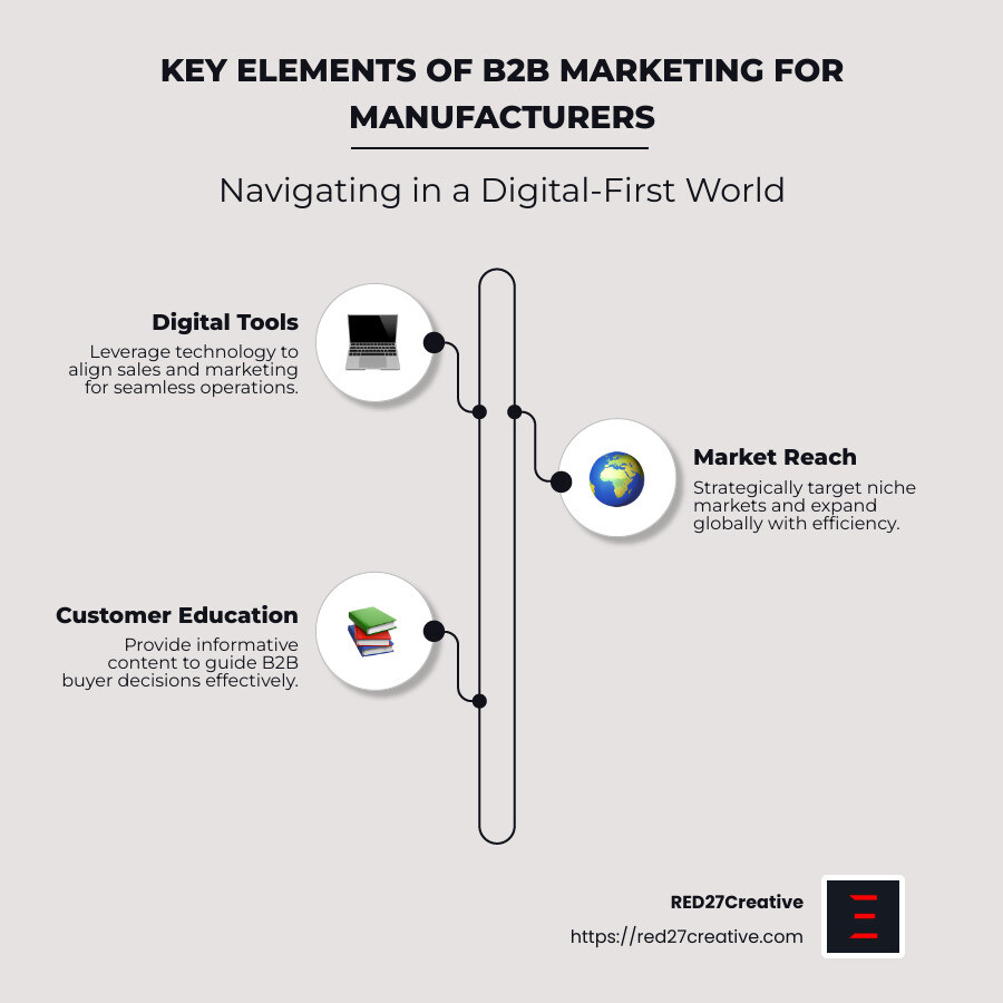 The Manufacturer's Guide to B2B Marketing • B2B marketing for manufacturers • RED27Creative Key Elements of B2B Marketing for Manufacturers - B2B marketing for manufacturers infographic infographic-line-3-steps-neat_beige