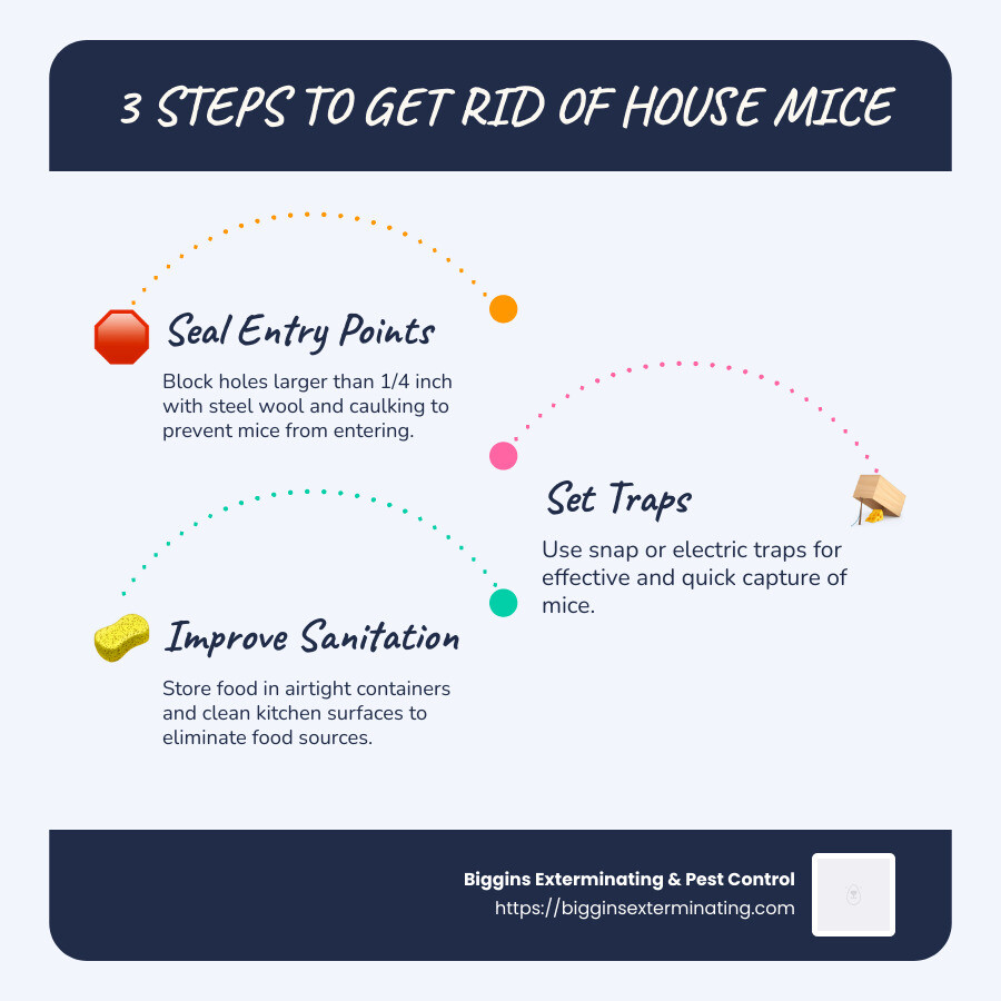 Steps to Eliminate House Mice: Infographic outlining sealing entry points, setting traps, and improving sanitation as key steps - how to get rid of house mice infographic infographic-line-3-steps-blues-accent_colors