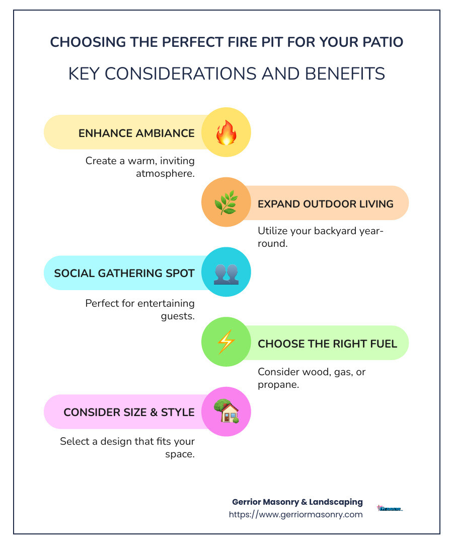 Illustration of different patio fire pits and their benefits - fire pit for the patio infographic infographic-line-5-steps-colors